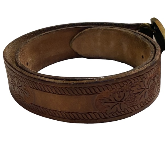 Dark Brown BTS Tooled Leather Western Style Belt with Wild Mustangs Belt Buckle - Picture 2 of 5